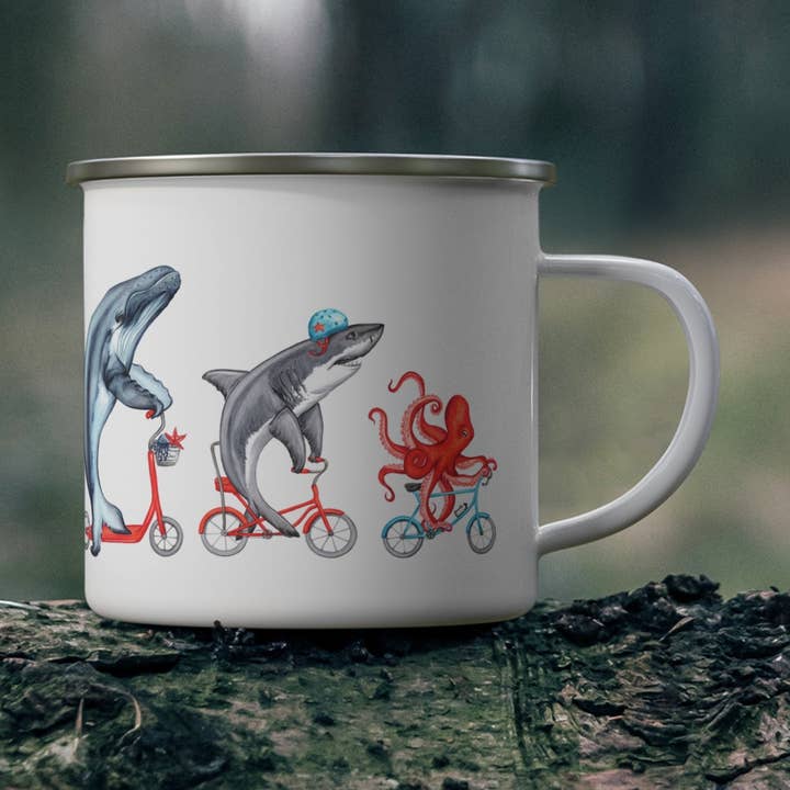 Tasse - 12oz - Émail - Trio Baleines à vélo