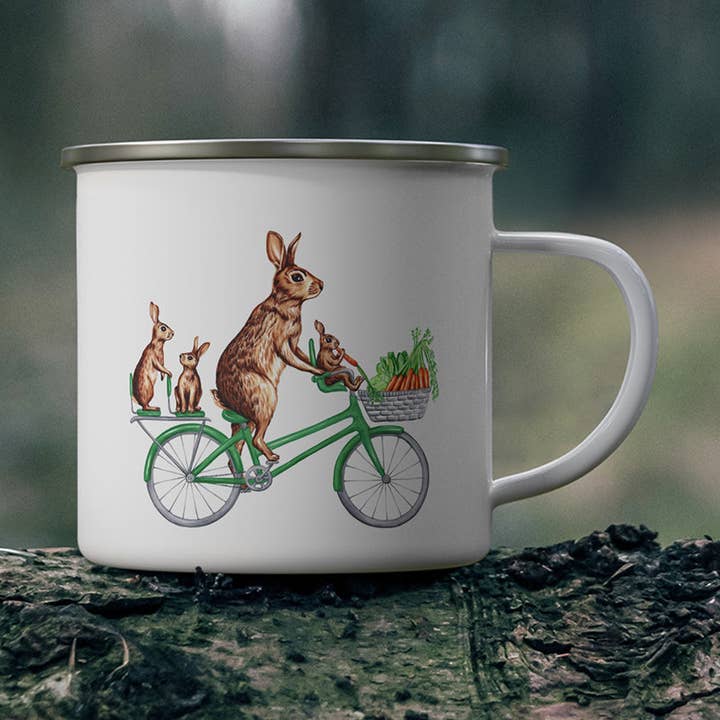 Tasse - 12oz - Émail - Lapins à vélo