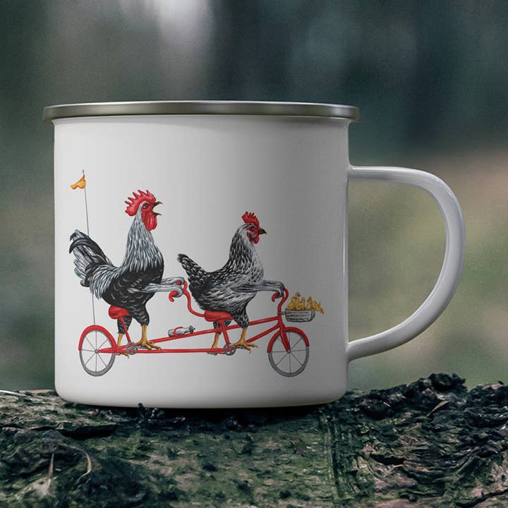 Tasse - 12oz - Émail - Poules à vélo