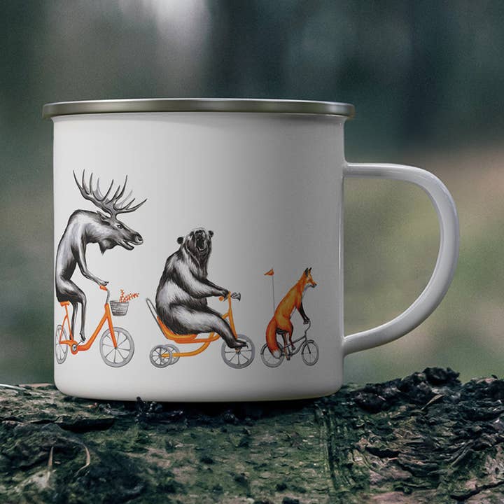 Tasse - 12oz - Émail - Trio Orignal à vélo